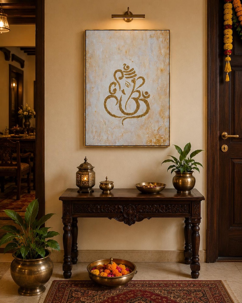Getextureerd gouden Ganesha-schilderij | Abstracte Indiase muurkunst, decor hal afbeelding 7
