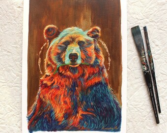 Original Bear Painting |  Acrylic painting | Modern Art | Wildlife Animal Art with Copper flakes | Colorful art | A4 size 300gsm Paper