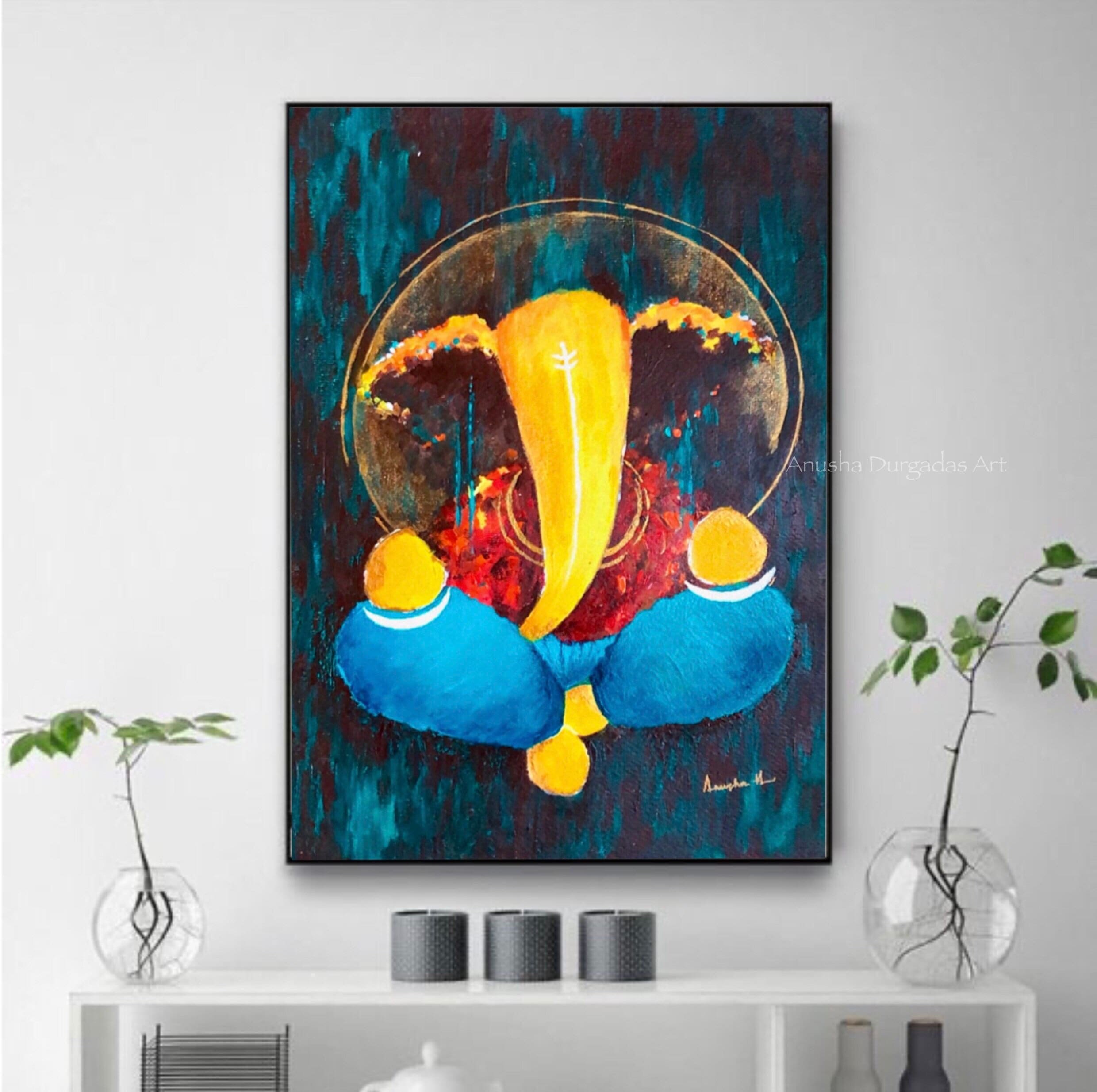 Modern Ganesha Painting Large Abstract Canvas Art, Spiritual Decor