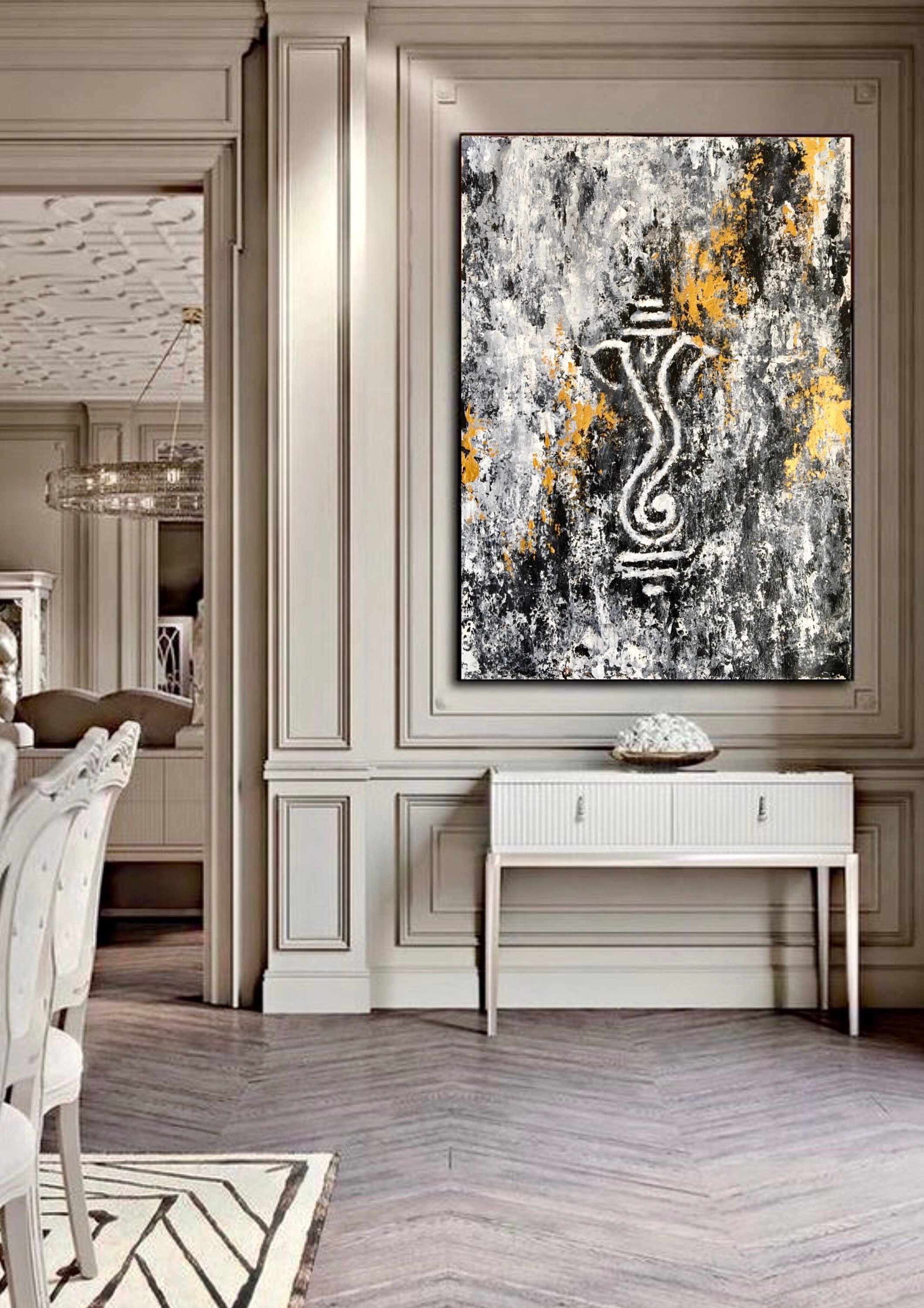 Lord Ganesha Painting White Grey Abstract Painting Indian Art Decor