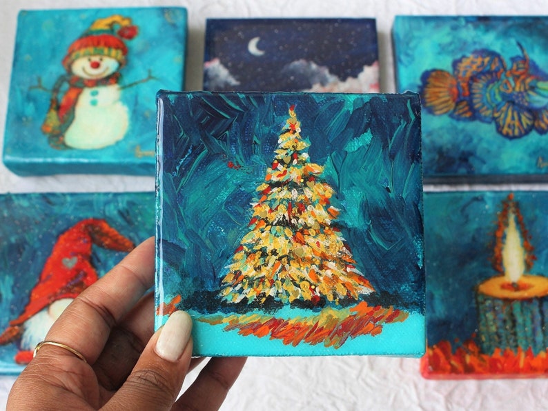 Mini Paintings Christmas Decor Resin painting Mini canvas art Christmas tree Tiny acrylic painting Handmade gifts Gift ideas image 1
