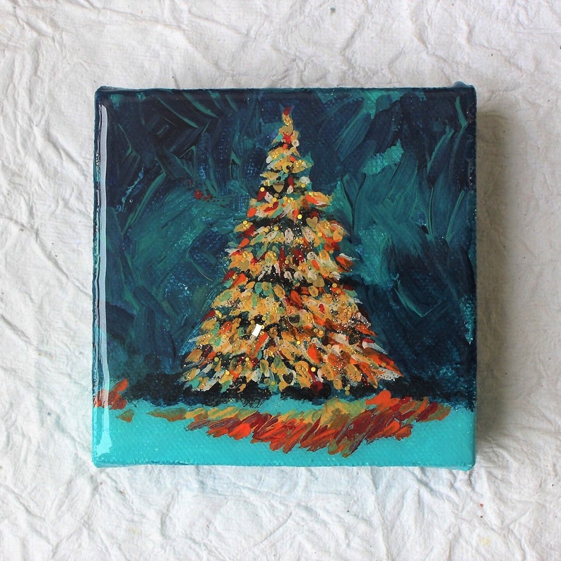 Mini Paintings Christmas Decor Resin painting Mini canvas art Christmas tree Tiny acrylic painting Handmade gifts Gift ideas image 4