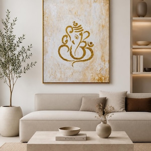 Getextureerd gouden Ganesha-schilderij | Abstracte Indiase muurkunst, decor hal afbeelding 9