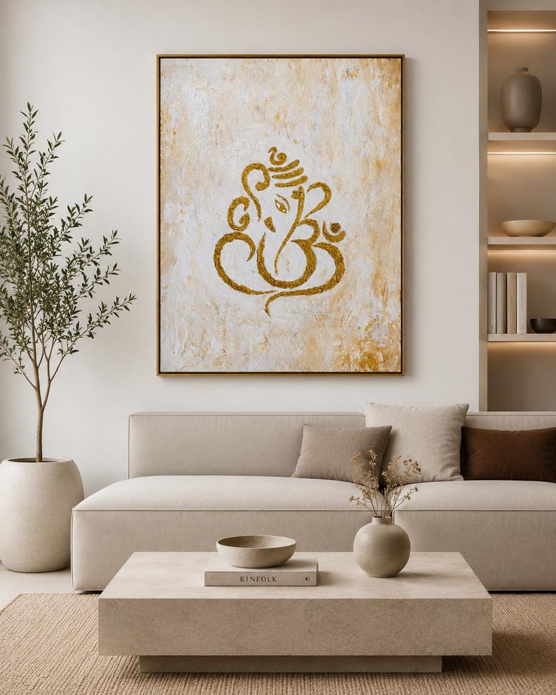 Getextureerd gouden Ganesha-schilderij | Abstracte Indiase muurkunst, decor hal afbeelding 9