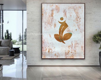 May include: Abstract painting of a gold figure in a lotus position on a white background with hints of brown and teal.