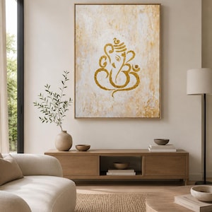 Getextureerd gouden Ganesha-schilderij | Abstracte Indiase muurkunst, decor hal afbeelding 2