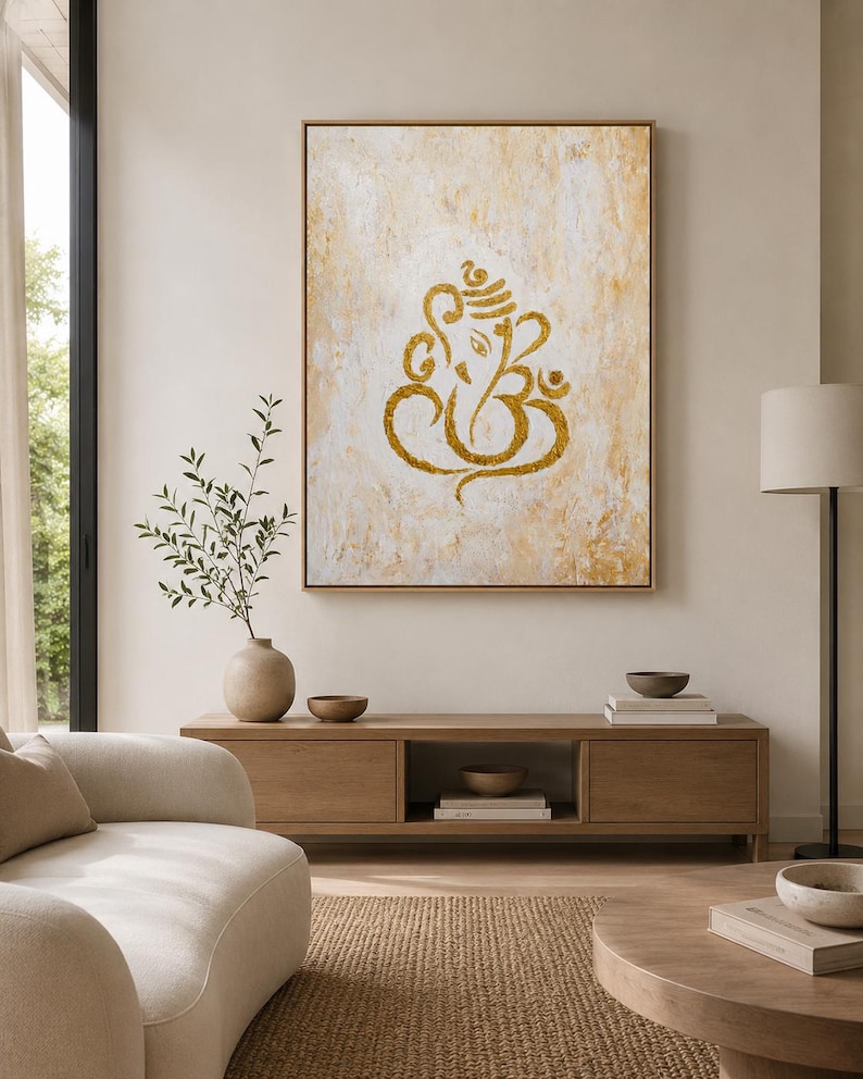 Getextureerd gouden Ganesha-schilderij | Abstracte Indiase muurkunst, decor hal afbeelding 2