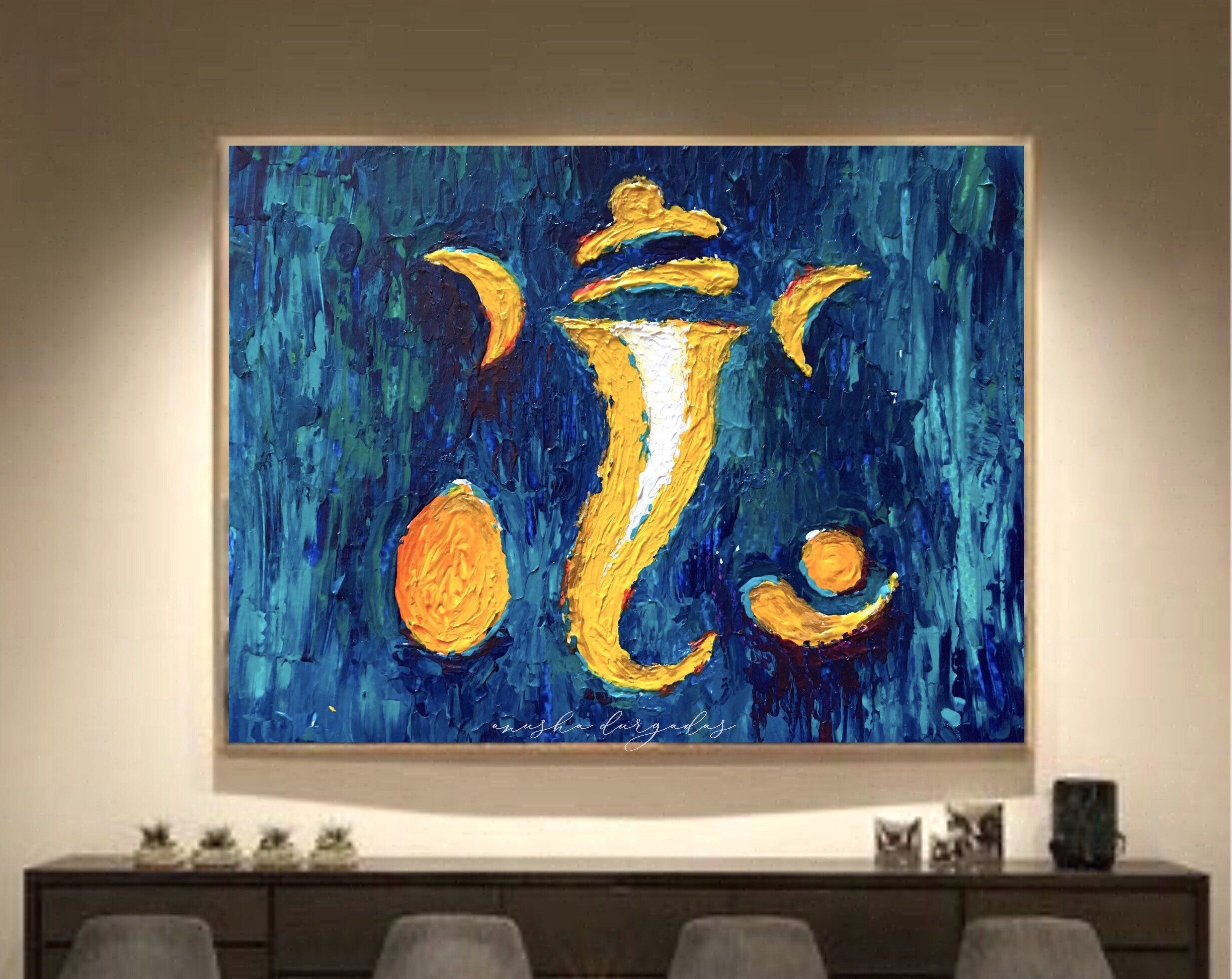 抽象的なガネーシャの絵画 | 青、ティール、ゴールドのヒンドゥー美術 