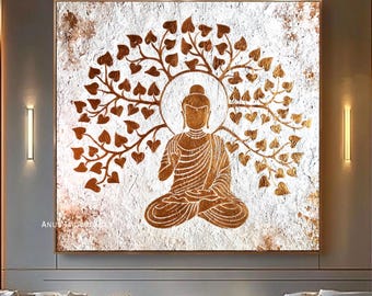 Textured Buddha Painting | White Bronze Minimalist Art, Meditation Wall Decor