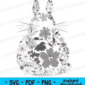 Pode incluir: Um desenho floral cinza e branco em forma de personagem de desenho animado. O personagem tem orelhas grandes e um corpo redondo. O desenho &eacute; perfeito para projetos de artesanato, como camisetas, canecas e bolsas.