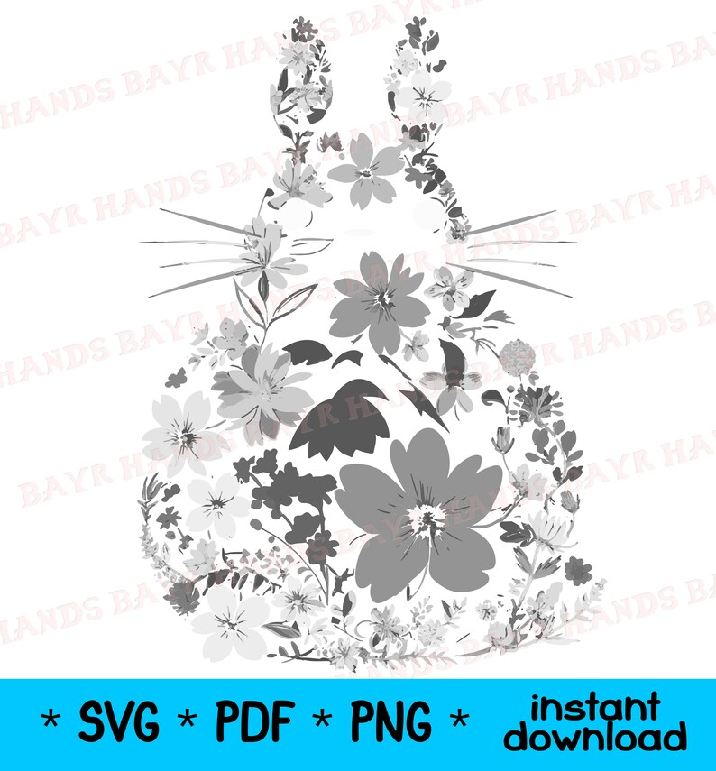 Pode incluir: Um desenho floral cinza e branco em forma de personagem de desenho animado. O personagem tem orelhas grandes e um corpo redondo. O desenho &eacute; perfeito para projetos de artesanato, como camisetas, canecas e bolsas.