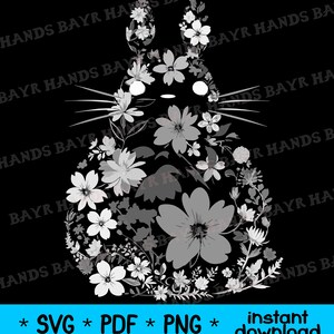 Pode incluir: Uma ilustra&ccedil;&atilde;o digital em preto e branco de um personagem de Totoro do filme Meu Vizinho Totoro, composta por flores. As flores est&atilde;o em tons de cinza e branco.