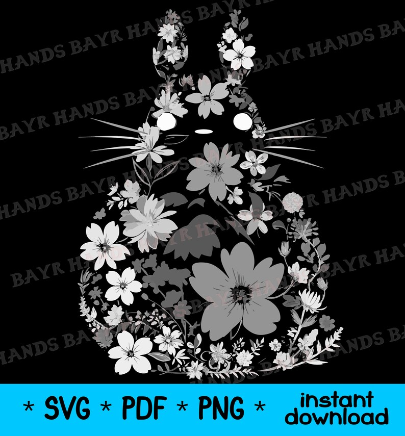 Pode incluir: Uma ilustra&ccedil;&atilde;o digital em preto e branco de um personagem de Totoro do filme Meu Vizinho Totoro, composta por flores. As flores est&atilde;o em tons de cinza e branco.