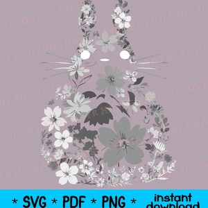 Pode incluir: Um desenho floral cinza e branco em forma de personagem de desenho animado. O personagem tem olhos grandes e um corpo arredondado. O desenho est&aacute; sobre um fundo roxo claro.