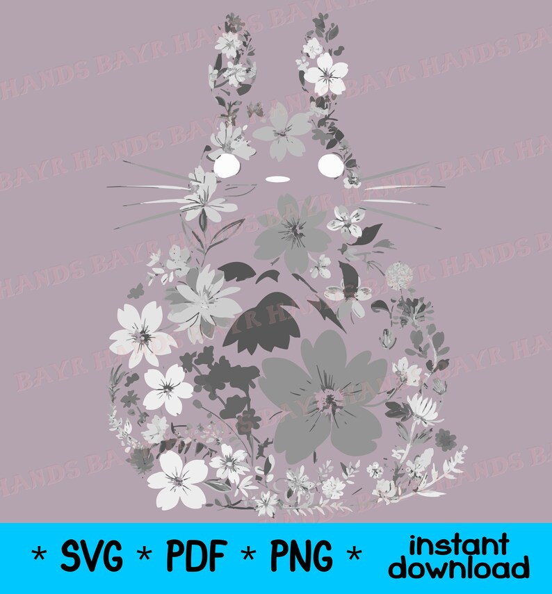 Pode incluir: Um desenho floral cinza e branco em forma de personagem de desenho animado. O personagem tem olhos grandes e um corpo arredondado. O desenho est&aacute; sobre um fundo roxo claro.