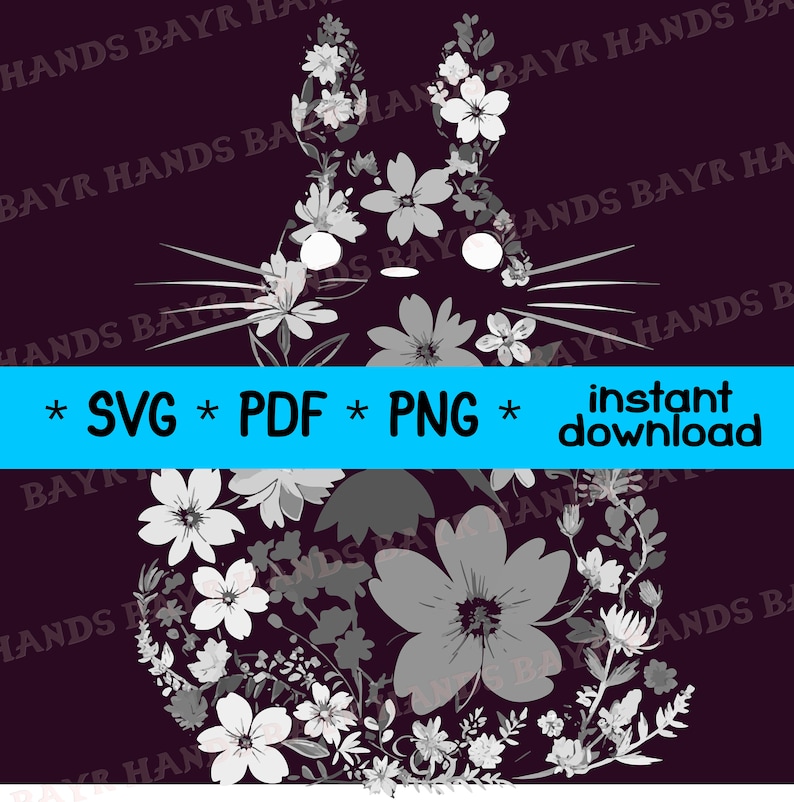 Pode incluir: Um desenho floral cinza e branco em forma de rosto de gato. O fundo &eacute; de cor roxo escuro.