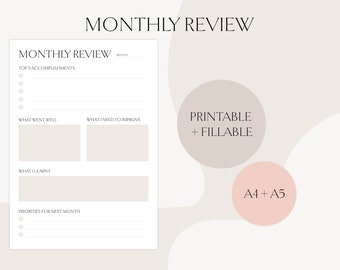 Printable Monthly Review, Monthly Reflection, Fillable Planner, Instant Download, Digital PDF, A4/A5