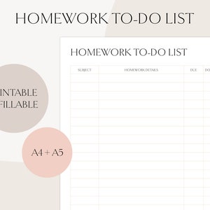 Printable Homework To-do-list , Fillable Homework Planner, Homework Checklist, Instant Download, Digital PDF, A4/A5