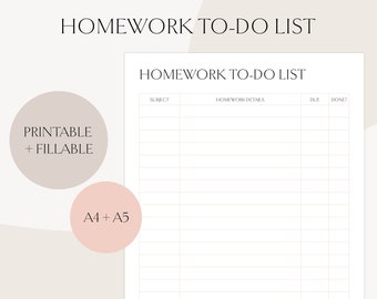 homework planner Printable Homework To-do-list , Fillable Homework Planner, Homework Checklist, Instant Download, Digital PDF, A4/A5