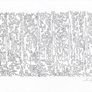 May include: Black and white abstract line art drawing with a signature in the bottom right corner.