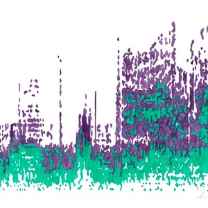 May include: Abstract watercolor painting with a cityscape theme. The painting is done in shades of purple and teal, with a white background.