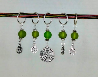 Stitch Markers for knitting - Set of 5 Celtic Charms & Green Beads - knitting or Crochet -