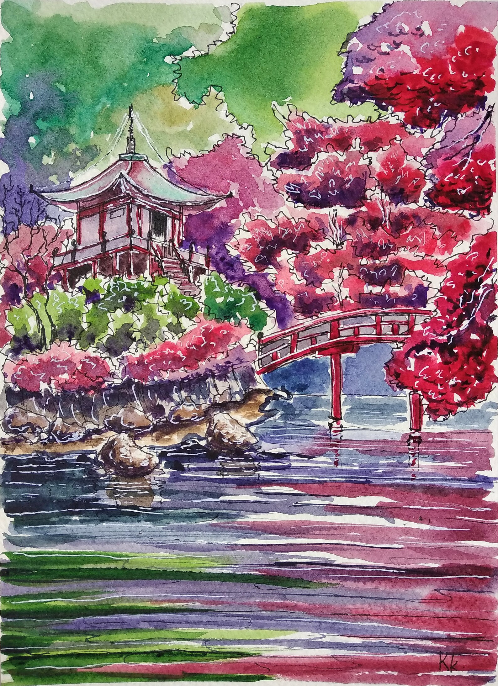 Japanese Garden Painting Original Art Watercolor Fall Kyoto Etsy