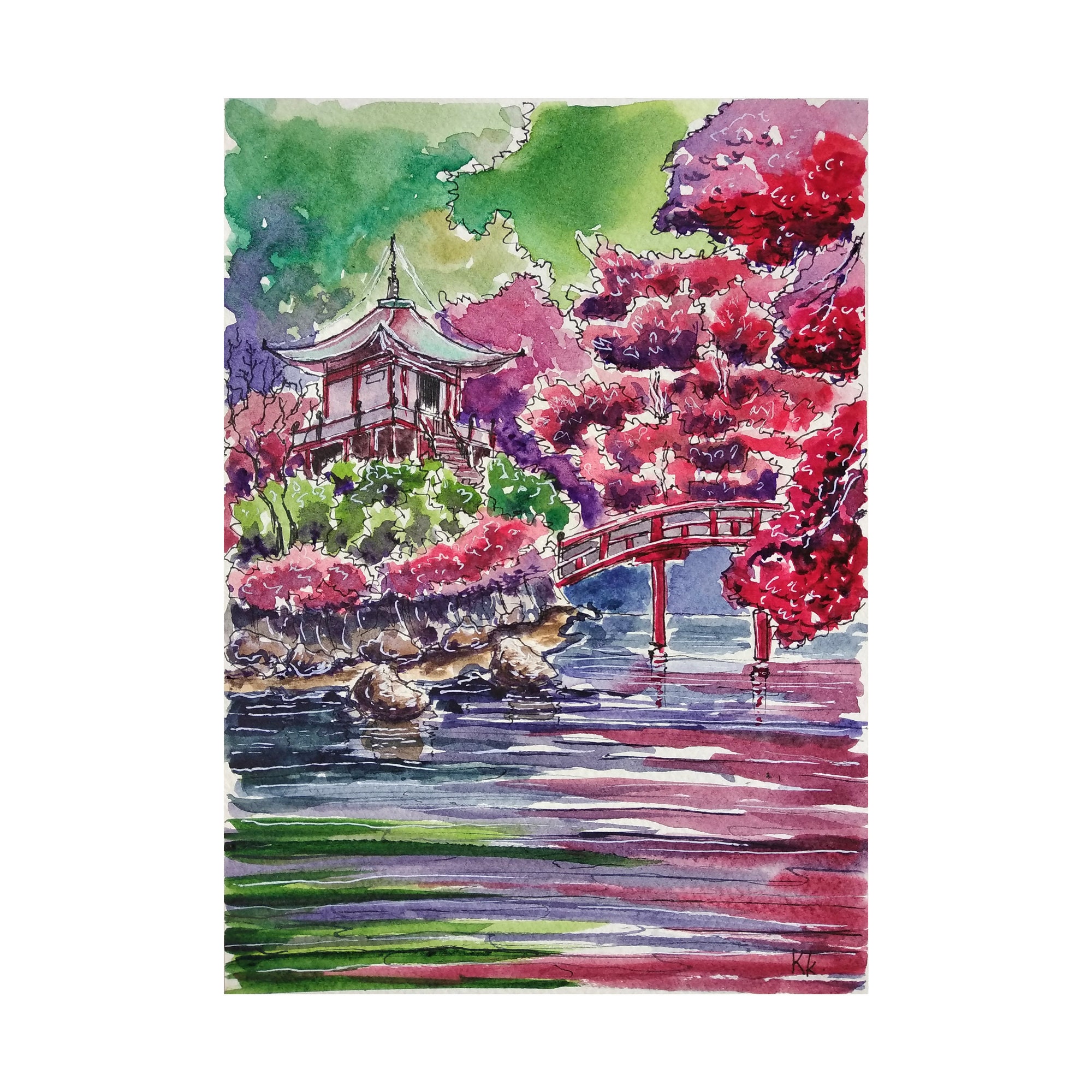 Japanese Garden Painting Original Art Watercolor Fall Kyoto Etsy