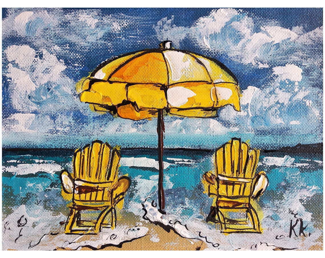 Beach Umbrella Art Vacation Painting Seascape Artwork Small Etsy