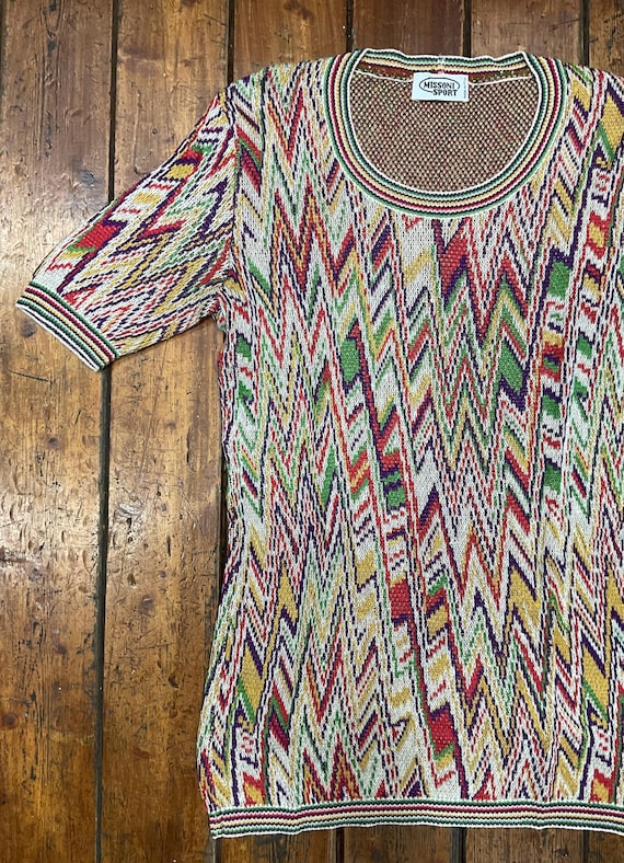 Vintage Missoni Sport T-shirt Multicolor Zig Zag Knit Top 90s