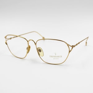 Vintage Eyewear Trussardi TPL 132 authentic and rare square eyeglasses wiht demo lenses and gold adorned Made in Italy New Old Stock