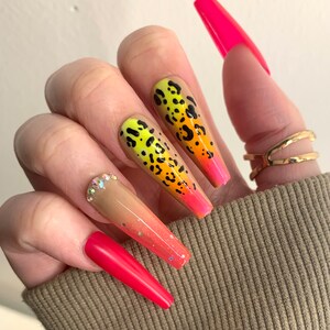 Pink Rainbow Leopard False Press On Nails