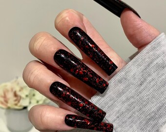 lån Rundt om Labe Black Red Glitter False Press on Nails - Etsy