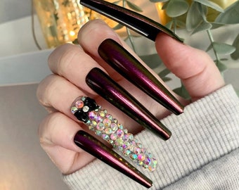 Black Chrome Diamante False Nails