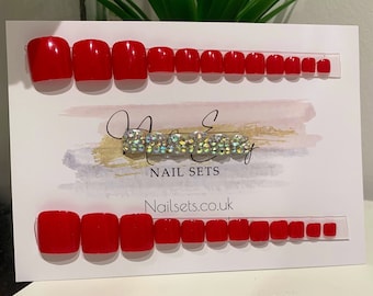 Red Diamante False Press On Toe Nails Set