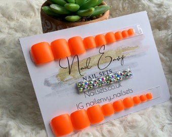 Neon Orange Diamanté False Press On Toe Nails