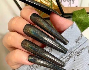 Black Holographic 3XL Super Length False Press On Nails | Reusable Full Cover 20 Nails