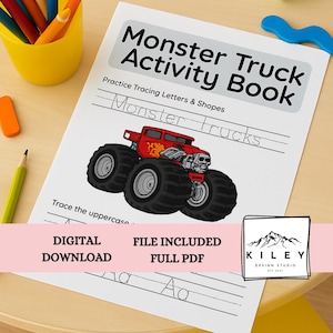 Monster Truck Activity Book for Kids – Tracing Letters & Numbers – Preschool Worksheets – Learning Workbook Printable - Digital Download