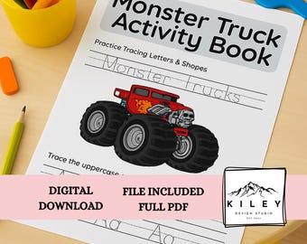 Monster Truck Activity Book for Kids – Tracing Letters & Numbers – Preschool Worksheets – Learning Workbook Printable - Digital Download
