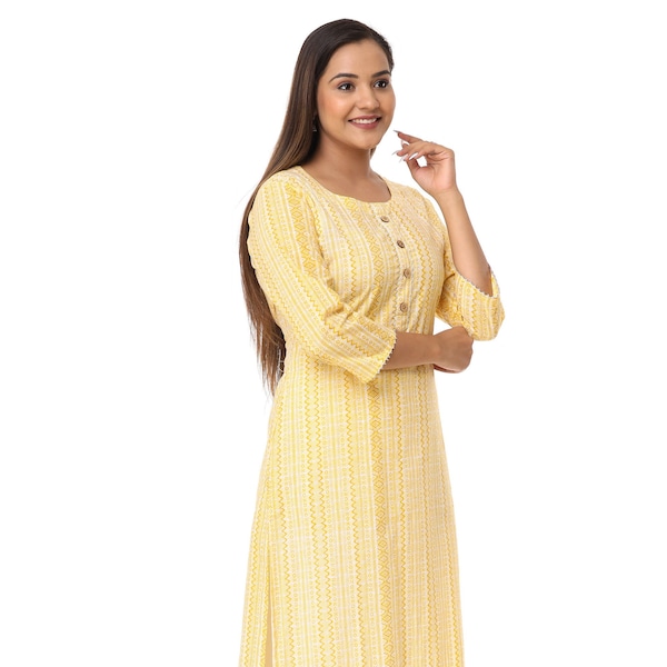 Straight Printed Casual Indian Kurta Ladies Kurti Yellow Tunic Tops For Women