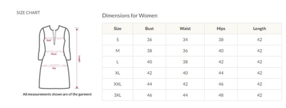 size chart for ladies kurtis