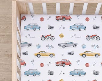 Vintage Car Fitted Crib Sheet, Retro Sport Automobile Nursery, American Old Fashioned Car Bedding