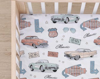 Retro Old Fashioned Car Fitted Crib Sheet, Vintage Automobile Nursery Bedding, Changing Pad Cover
