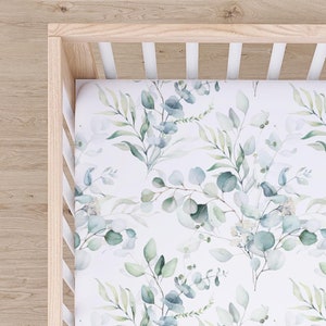 Eucalyptus Crib Sheet, Botanical Fitted Crib Sheet, Watercolor Leaves Bedding, Mini Crib Sheet, Changing Pad Cover, Romantic Floral Nursery