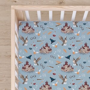 Blue School of Magic Crib Sheet, Wizard Fitted Crib Sheet, Magic Nursery Bedding, Mini Crib Sheet, Magic Owl Crib Bedding, Wizard Baby Gift