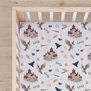 Gray School of Magic Fitted Crib Sheet, Wizard Crib Sheet, Magic Nursery Bedding, Mini Crib Sheet, Magic Owl Crib Bedding, Wizard Baby Gift