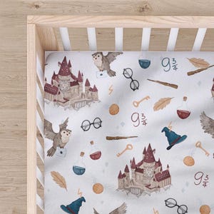 White School of Magic Fitted Crib Sheet, Magic Owl Crib Sheet, Magical Nursery Bedding, Cotton Mini Crib Sheet, Custom Wizard Crib Bedding