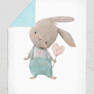 Watercolor Bunny Baby Blanket, Cute Rabbit Personalized Blanket, Bunny Nursery Bedding, Custom Neutral Minky Blanket, Bunny Baby Shower Gift