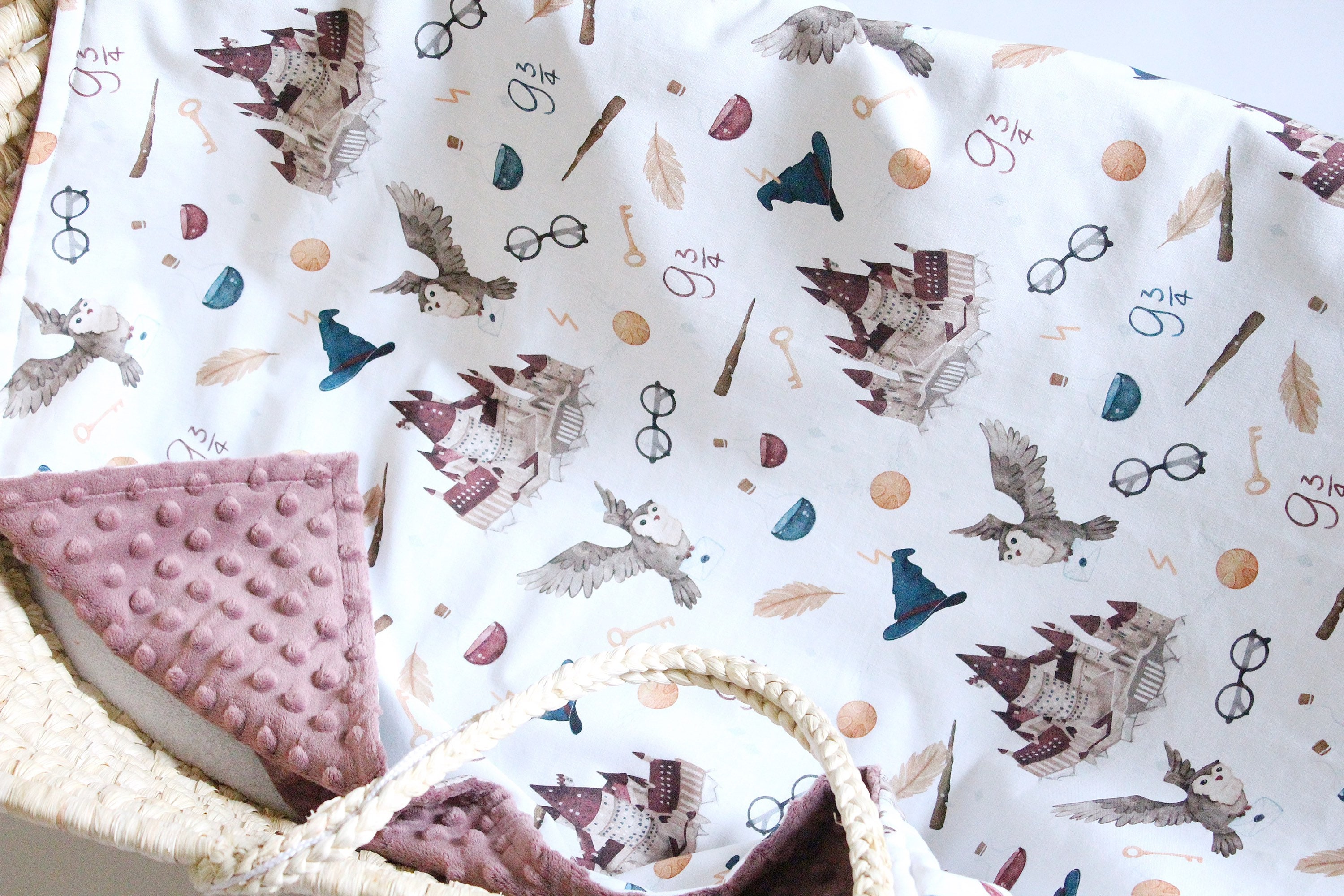 White School of Magic Neutral Baby Blanket, Magic Owl Personalized Blanket, Wizard Minky Lovey, Wiza