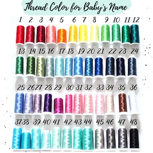 May include: A chart of 48 different colored spools of thread, numbered 1 through 48. The thread colors include red, green, blue, purple, pink, orange, yellow, and brown.